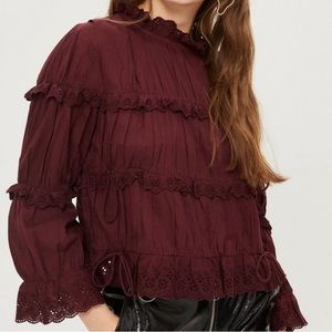 Topshop Burgundy Ruffle Frill Neck Top
